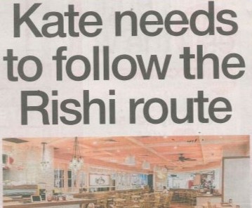 A banner image of Shaf Rasul with bold headline text reading "Kate Needs to Follow the Rishi Route", featuring financial charts, coronavirus-related visuals, and subtle Scottish symbolism