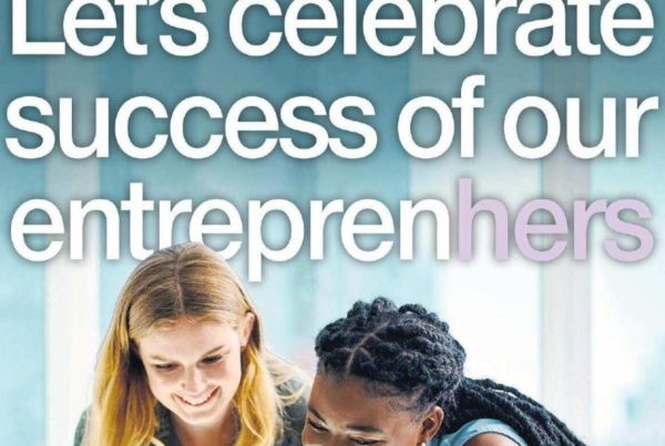 Banner with the headline “Let's celebrate success of our entreprenhers” layered over an image of a diverse group of women at a business pitch or startup event in Scotland.
