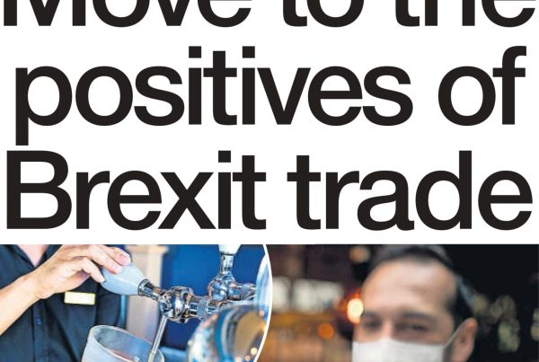 UK and EU flags split across a map of Scotland with business and trade icons; symbolising post-Brexit business shifts.