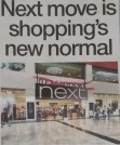 A digital banner featuring the headline “Next move is shopping’s new normal” with an image showing a closed Debenhams store alongside a “Coming Soon” sign for a Next Beauty Hall.