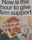 Headline banner featuring “Now is the hour to give firm support” overlaid on an image of local shops with “Support Local” signs in windows, reflecting community resilience during the pandemic.