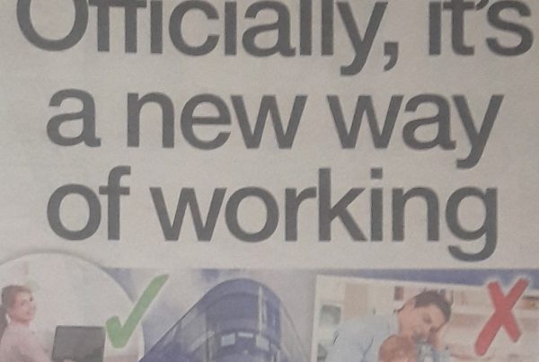 Split-screen image showing a person working from home on one side and an office environment on the other, with the headline “Officially, it's a new way of working” overlayed