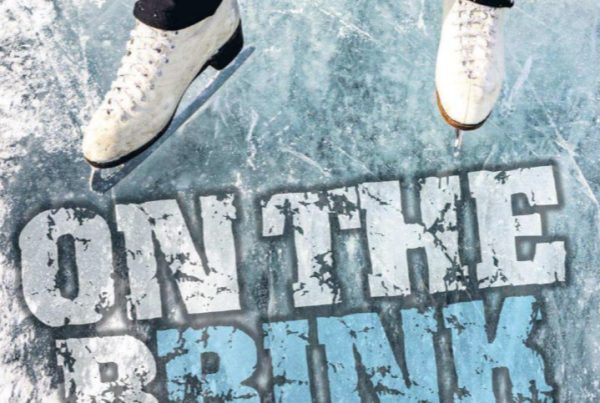 A dimly lit, empty ice rink with melting edges and visible water puddles, suggesting closure. A faded “Closed” sign hangs on the rink’s gate. In the background, silhouettes of disappointed skaters.