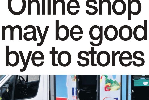 Graphic showing a split between a laptop displaying a grocery site and a quiet high street shopfront with ‘Closing Down’ signage, symbolizing the shift from physical to online retail. Headline reads: “Online shop may be goodbye to stores.”