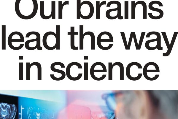 A researcher in a lab using a touchscreen interface overlaid with AI data graphics and a human brain image.