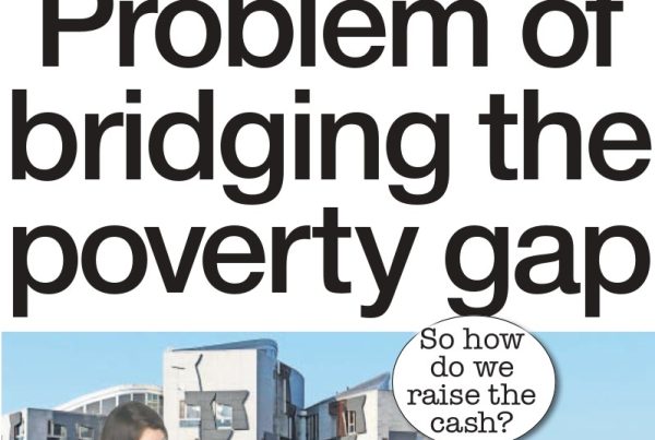 Image of a Scottish tenement with shadowed figures walking beneath a bold headline “Problem of bridging the poverty gap” in large white type, with subtle graphical icons of money, food, and housing in the background.