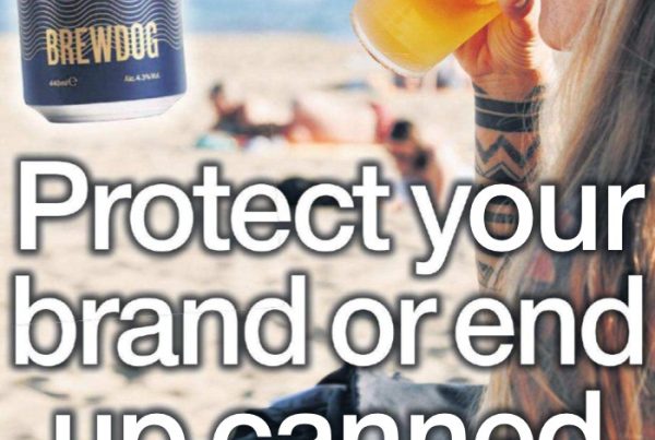 A close-up of two contrasting beer cans with overlapping branding design motifs, with the headline “Protect your brand or end up canned” overlaid