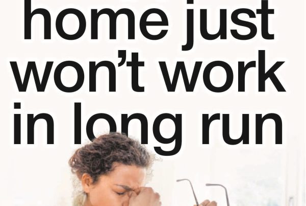 Shaf Rasul with city skyline and home desk illustration, headline reads “Doing Job at Home Just Won’t Work in Long Run”.