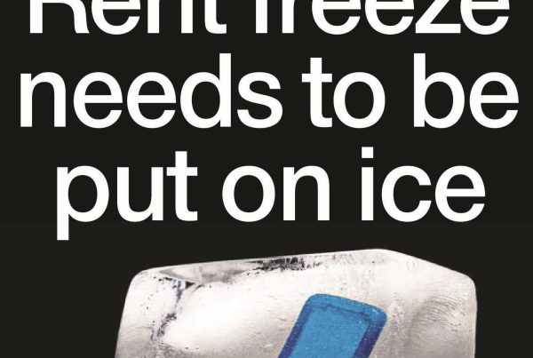 A banner image showing the headline "Rent freeze need to be put on ice" in bold, over a background of Edinburgh flats and a symbolic "frozen" rent sign.