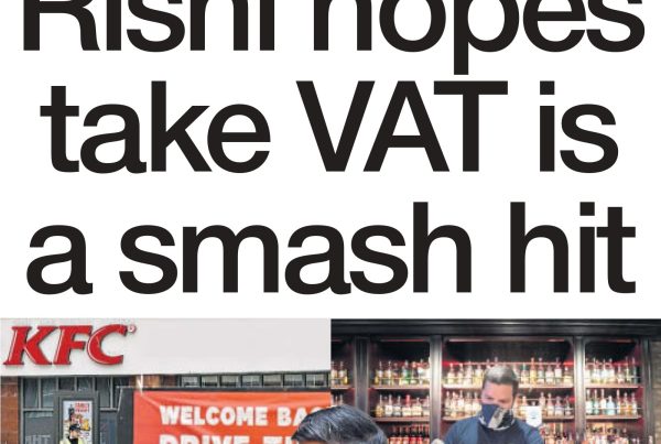 Shaf Rasul stands beside VAT signage and a graphic showing price drops at hospitality venues, overlaid with the headline: “Rishi Hopes Take VAT Is a Smash Hit”