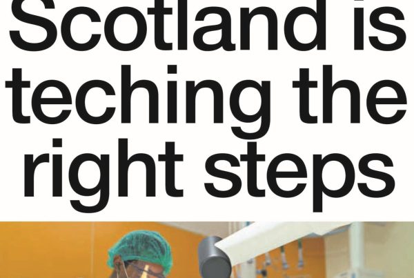 A collage of futuristic tech imagery including AI icons, digital heart monitoring tools, and cloud symbols, with the headline “Scotland is teaching the right steps” overlaid boldly in centre.