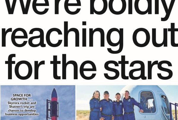 Illustration of a rocket launching over a Scottish landscape at dusk, with stars above and the headline “We’re boldly reaching out for the stars” overlayed.