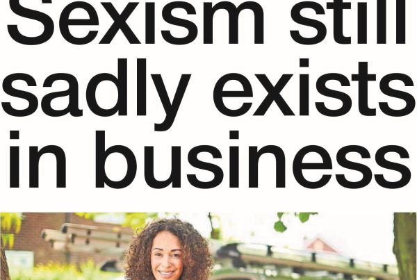 Shaf Rasul with the headline “Sexism Still Sadly Exists in Business” next to visuals of a businesswoman confronting a gender pay gap graph, symbolising ongoing inequality in the workplace.