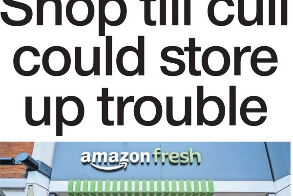 A modern supermarket aisle with no visible staff, automated checkout icons, and the headline “Shop till cull could store up problems” prominently displayed