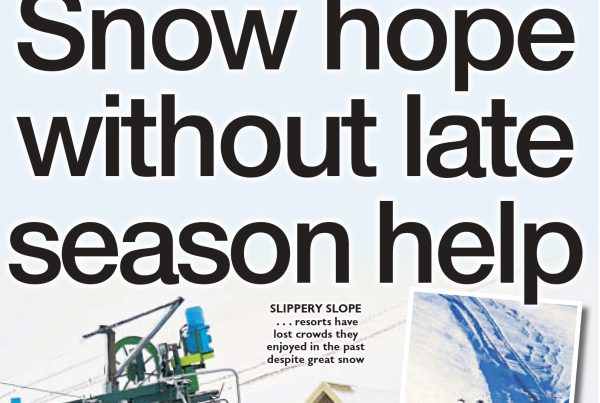 Illustration of snow-covered Scottish ski slopes with shuttered ski lifts, a calendar flipping to March, and hopeful tourists watching from behind a fence. Headline reads: “Snow hope without late season help.”