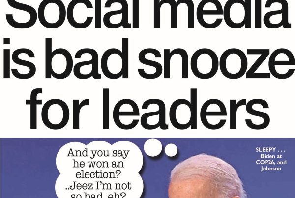 A split-screen image showing world leaders asleep at a summit and Greta Thunberg rallying protestors in Glasgow during COP26, with social media icons overlayed.