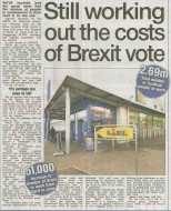 A generated image with the headline “Still Working Out the Costs of Brexit Vote” embossed over visuals of the Scottish Parliament, employment statistics, retail closures, and EU flags.