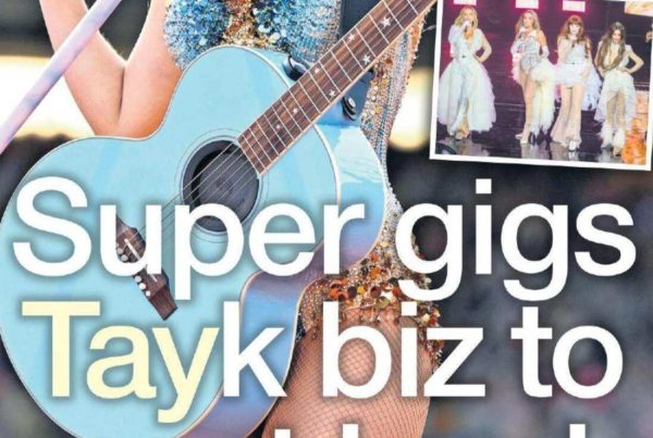 Banner with headline “Super gigs Tayk biz to next level” over an image montage of Taylor Swift performing at Murrayfield and the Hydro lit up at night.