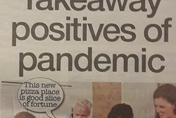 A cheerful entrepreneur with a pizza oven in their garden, next to text reading “Takeaway positives of pandemic” in bold, against a backdrop of takeaway boxes and digital startup icons.