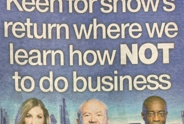 Lord Sugar from The Apprentice in front of a boardroom setting with bold headline text: “Learn How Not to Do Business”
