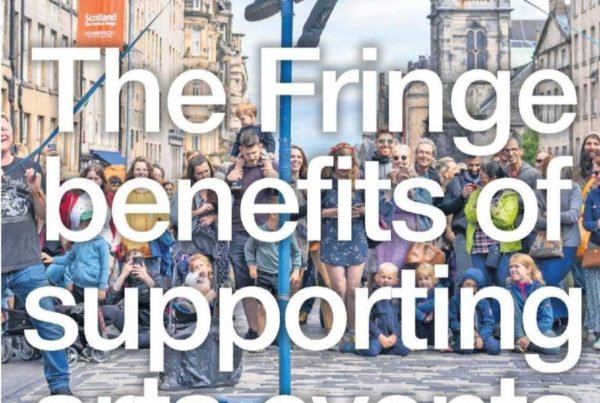 Banner with the headline “The Fringe benefits of supporting arts events” overlaying a vibrant image of Edinburgh’s Royal Mile during festival season, with performers and crowds.