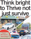 A digital banner featuring the headline “Think Bright to Thrive not just survive” with an image of small businesses adapting during Covid-19—local shops, delivery drivers, and creative entrepreneurs.