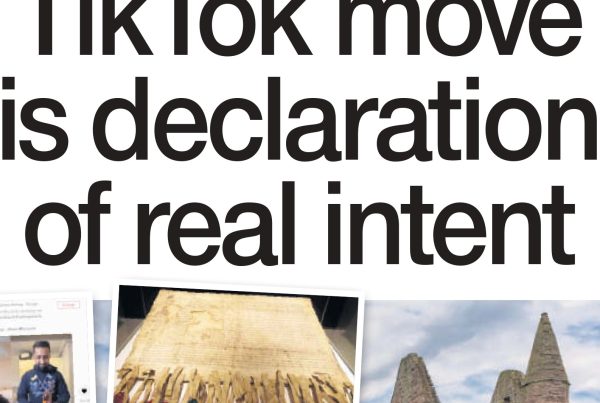 A smartphone screen showing the TikTok logo overlaid with aged parchment representing the Declaration of Arbroath, symbolising the blend of heritage and modern youth culture.