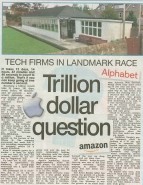 A column header featuring the headline “Trillion Dollar Question” with visuals of dollar signs, stock market charts, and logos of Apple, Amazon, and Alphabet.