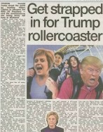 A generated image featuring Donald Trump with the headline “Get strapped in for Trump rollercoaster” embossed over related graphics.
