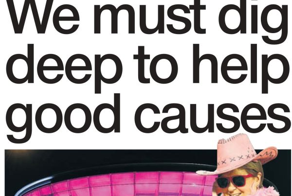 Visual of a pink ribbon overlaid with hands placing coins into a donation jar, set against a backdrop of charity symbols and digital screens.