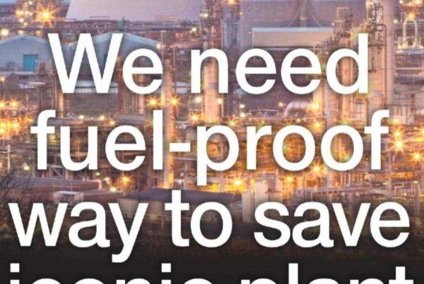 Banner with the headline “We need fuel-proof way to save iconic plant” over an image of Grangemouth’s industrial skyline, smokestacks, and refinery structures.
