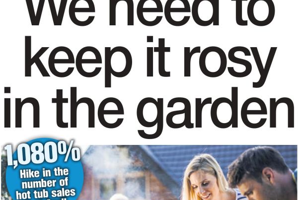 A bright garden patio scene with modern outdoor furniture and a pizza oven, symbolizing booming demand for garden products during lockdown. Headline reads: “We need to keep it rosy in the garden.”