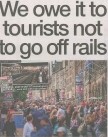 A headline reading "We owe tourists not to go off the rails," paired with an image of a crowded train station in Edinburgh during festival season, with people waiting and luggage in tow.