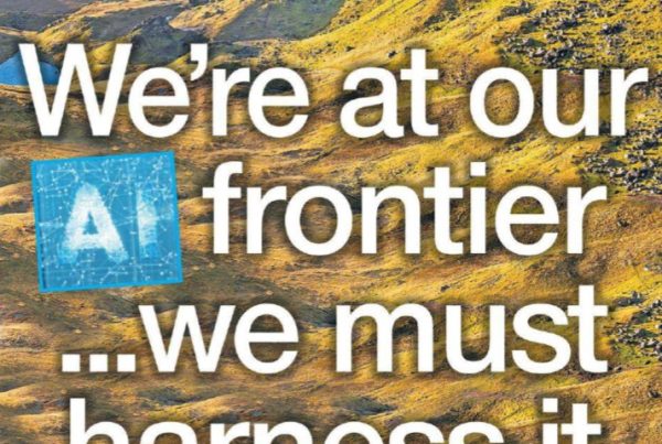 A glowing AI circuit board overlays a Scottish city skyline with bold headline text reading “We're at our AI frontier... we must harness it”