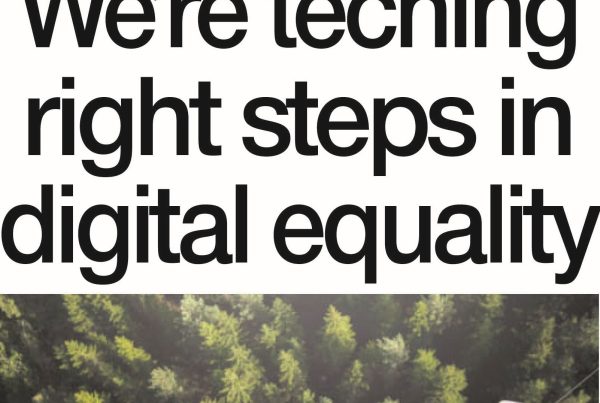 Graphic showing a digitally connected rural Scottish landscape, with fibre broadband lines linking cottages, schools, and people on laptops. Overlay text reads: “We’re teching right steps in digital equality”.