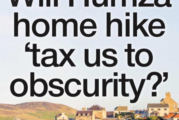 Illustration of a house with a large red “Council Tax” stamp over it, surrounded by Scottish highlands scenery and a for-sale sign marked “Second Home”. Silhouettes of homeowners and property investors looking concerned.