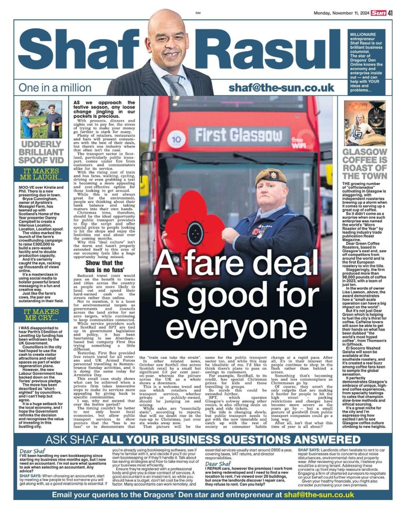 Full-page column featuring commentary on festive transport policy, Glasgow’s coffee boom, creative crowdfunding campaigns, and the removal of Perth’s Levelling Up funds.