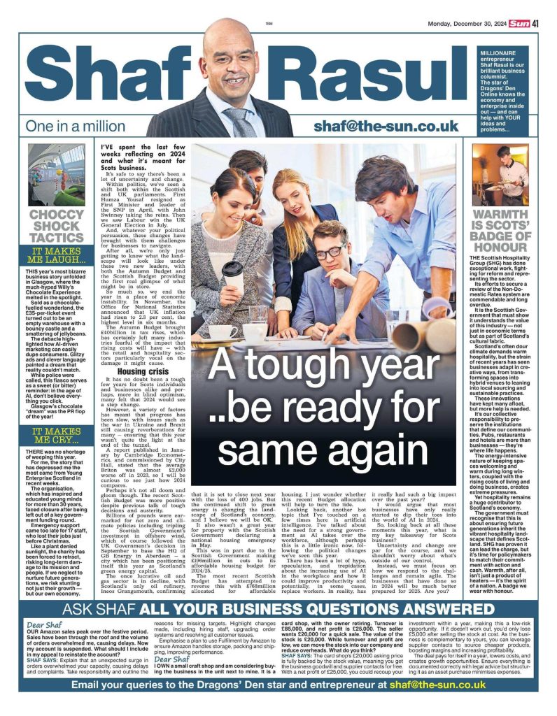 Newspaper page with Shaf Rasul’s year-end column reviewing political and economic events of 2024, side section on hospitality reform, a humorous marketing flop, and charity job losses.