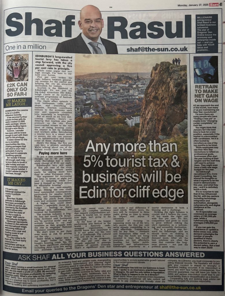 Full-page newspaper column layout with sections covering Edinburgh’s tourist tax, job market trends, humorous Edinburgh Zoo offers, and local infrastructure issues.