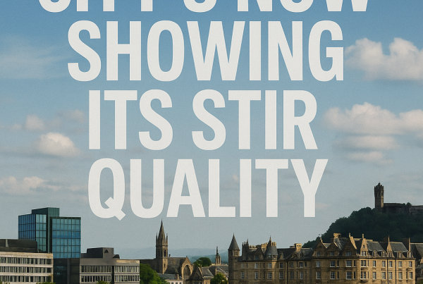 A panoramic view of Stirling, Scotland featuring a blend of historic and modern buildings with the bold white headline “CITY’S NOW SHOWING ITS STIR QUALITY” superimposed over a blue sky.