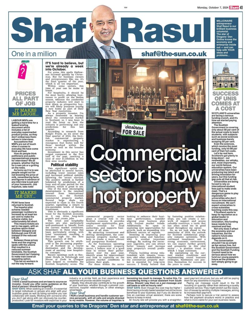 Scan of Shaf Rasul’s Scottish Sun column featuring analysis of Scotland’s commercial property boom, a university funding warning, train fare hikes, and a political briefing controversy.