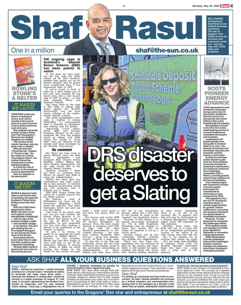 Full-page newspaper column layout on the DRS collapse, legal and political reactions, Scotland’s renewable energy breakthrough, and lighter stories about Potter mix-ups and football merchandising gaffes.