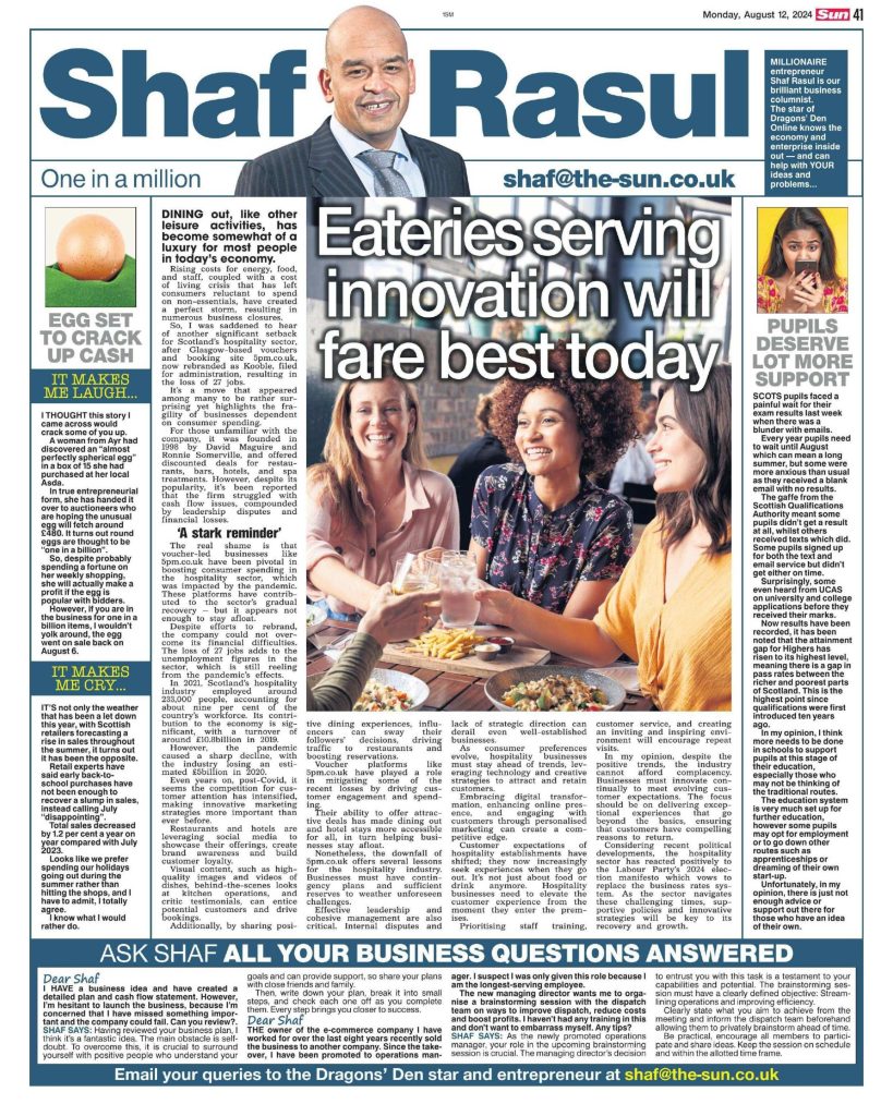 Full-page layout with a headline feature on Scotland’s hospitality challenges, a side piece on education result delays, and colourful laugh/weep opinion sections.