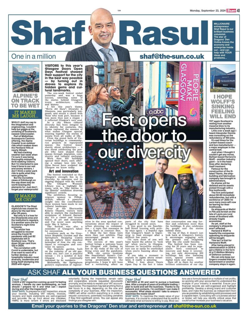Scan of Shaf Rasul’s Scottish Sun column featuring a feature on Glasgow’s Doors Open Days Festival, alongside sections on job losses in manufacturing, a quirky rollercoaster launch, and a Glasgow nightclub closure.