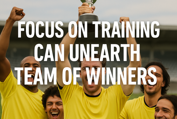 A diverse and energetic sports team celebrates their victory, holding a trophy aloft with bright smiles and raised fists, while the headline “Focus on training can unearth team of winners” is displayed in bold white text across the center.