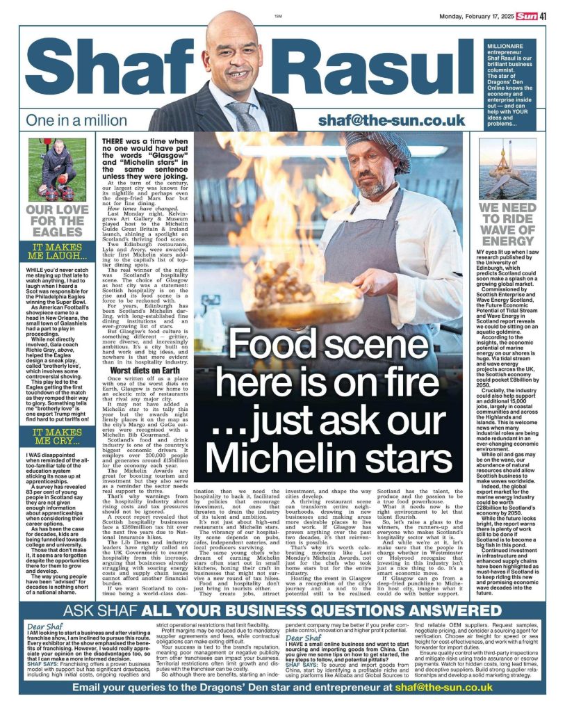 Full newspaper column featuring Glasgow’s Michelin awards coverage, Scotland’s tidal energy potential, a Scottish sports contribution to the Super Bowl, and the continued neglect of apprenticeships in education.