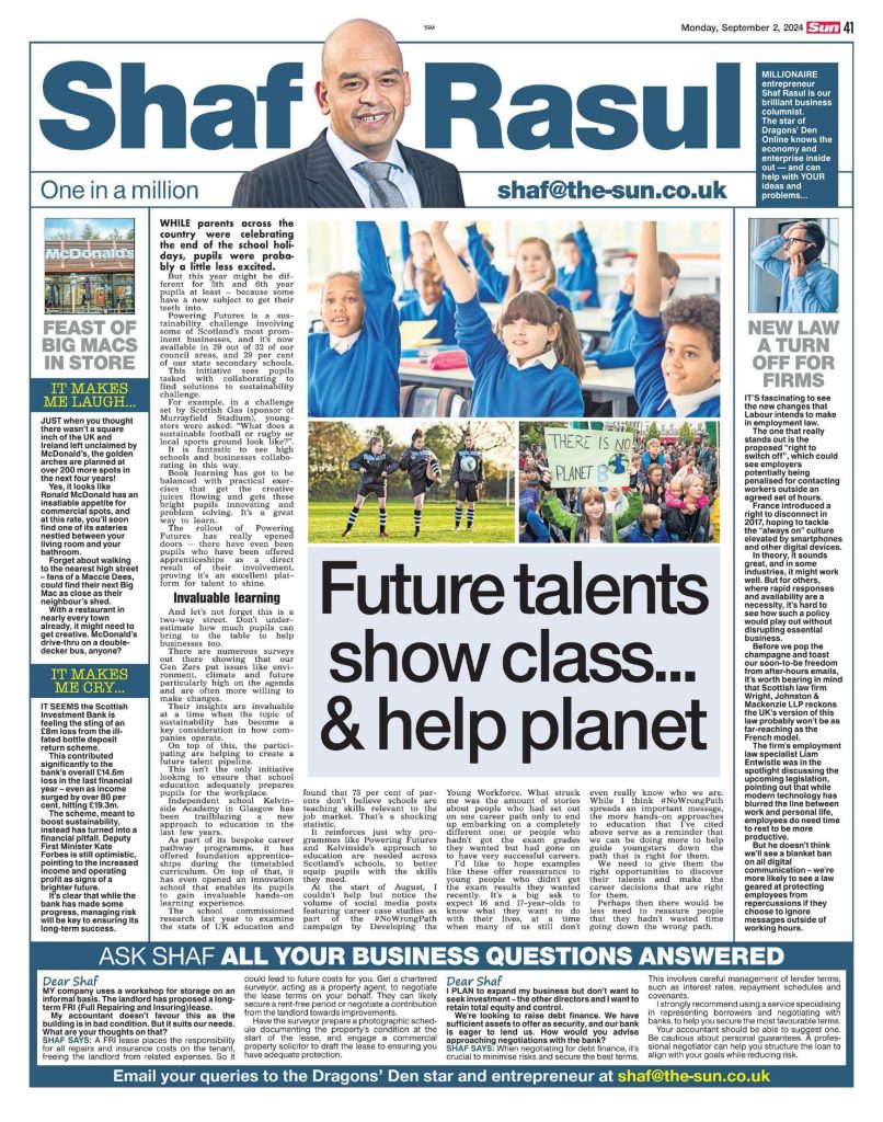 Full-page column by Shaf Rasul discussing Powering Futures, Labour’s proposed employment reforms, McDonald’s UK expansion, and the Scottish Investment Bank’s financial losses.