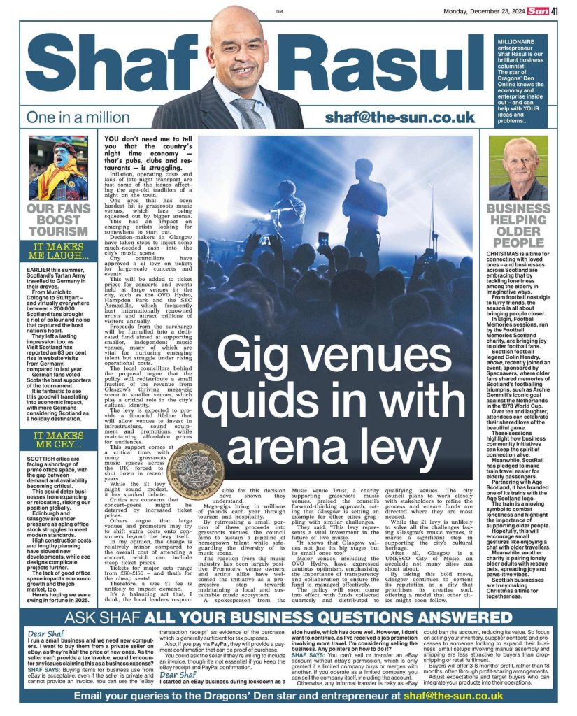 Full-page newspaper scan with four distinct column sections: Glasgow’s music venue levy, festive loneliness initiatives, Tartan Army’s tourism effect, and office space concerns.