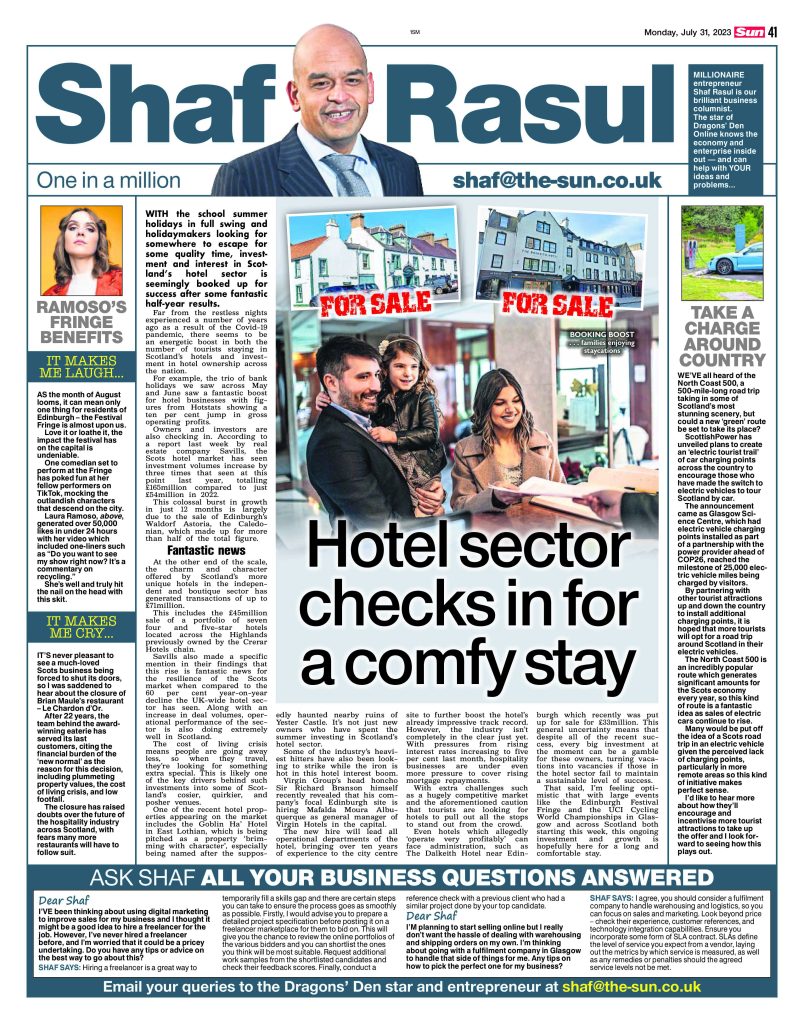 A full-page newspaper column layout with main story on hotel investment in Scotland, side column on electric tourist trail, and brief laugh and weep segments.