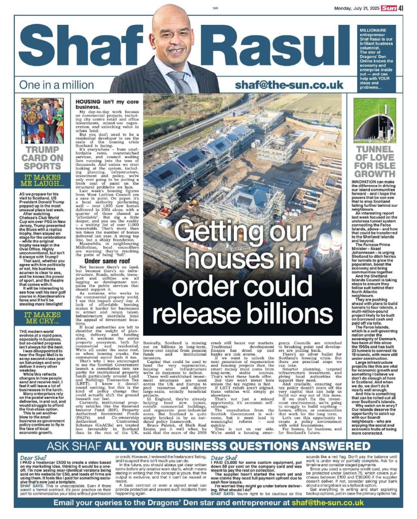 Full-page newspaper column layout with four sections: main article on Scotland’s housing crisis, a side feature on undersea tunnels for Scottish islands, a light-hearted Trump anecdote, and commentary on Royal Mail cuts.